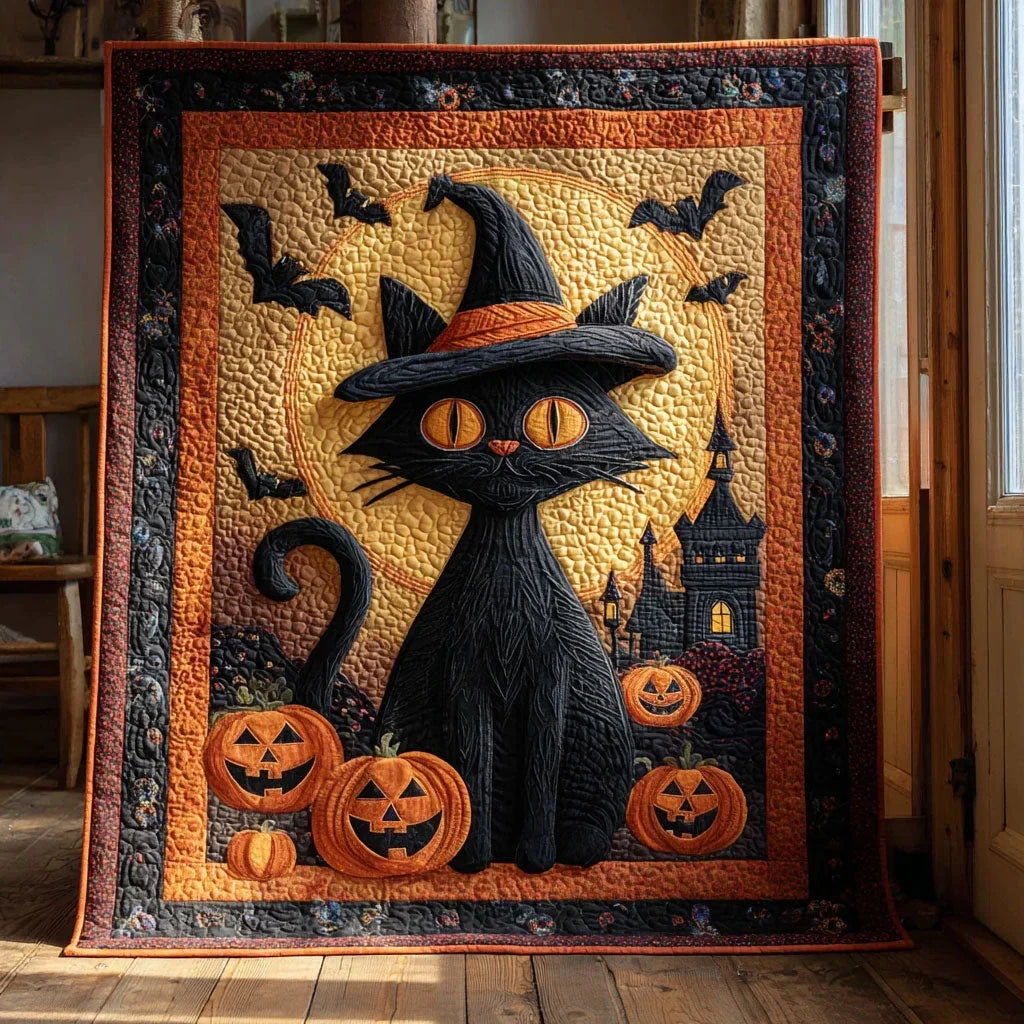 Mystic Pumpkin Cat Quilt Blanket