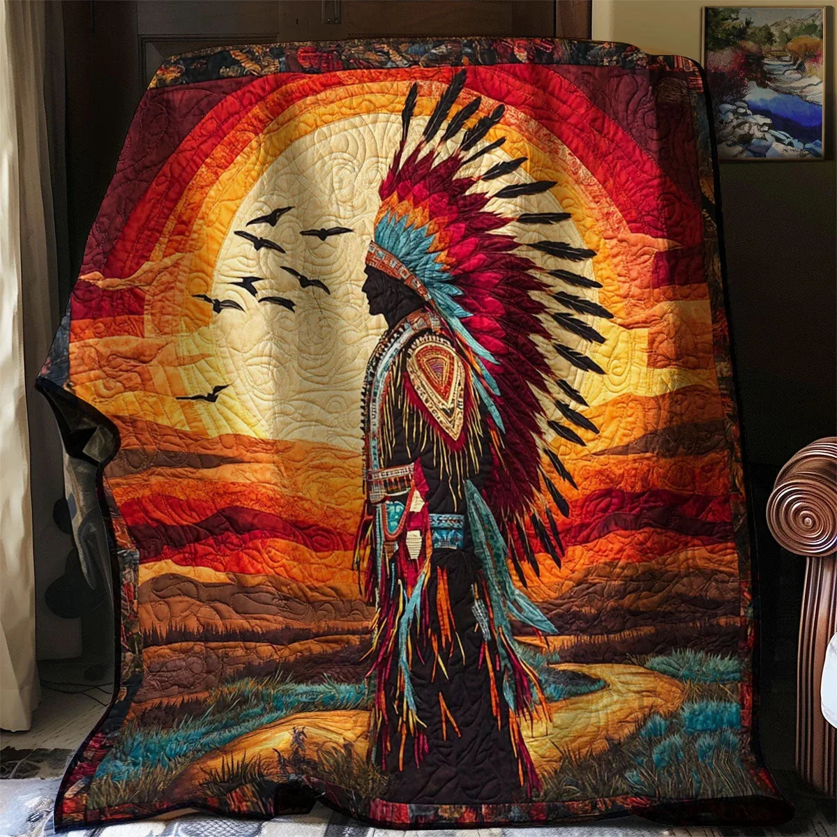 Native Sunset Warrior Quilt Blanket