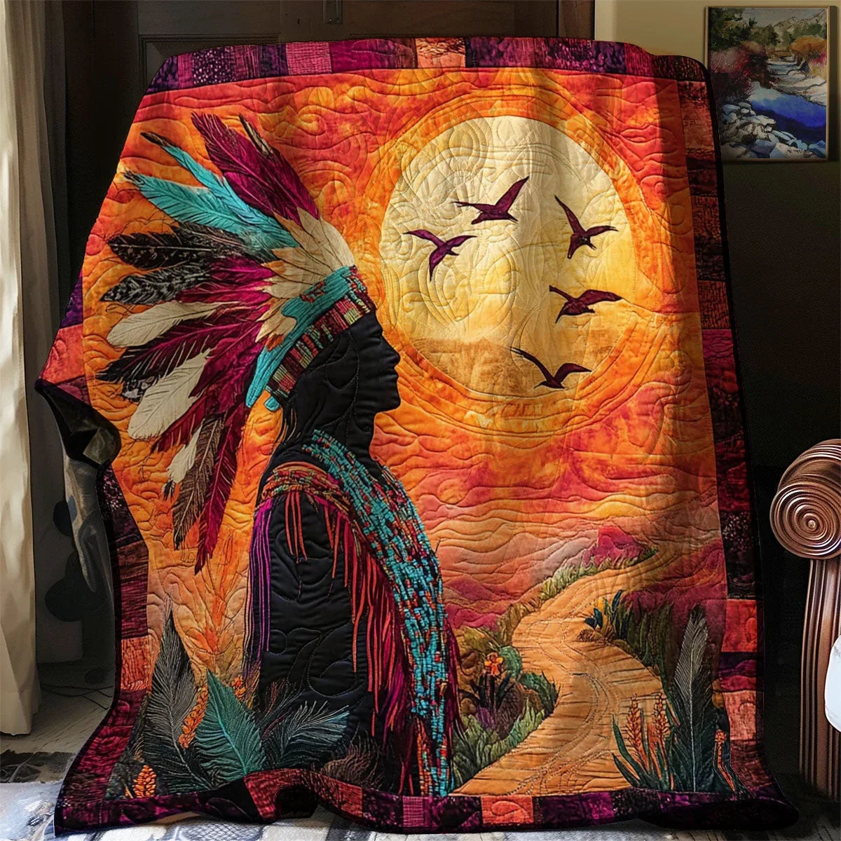 Native Sunset Warrior Quilt Blanket