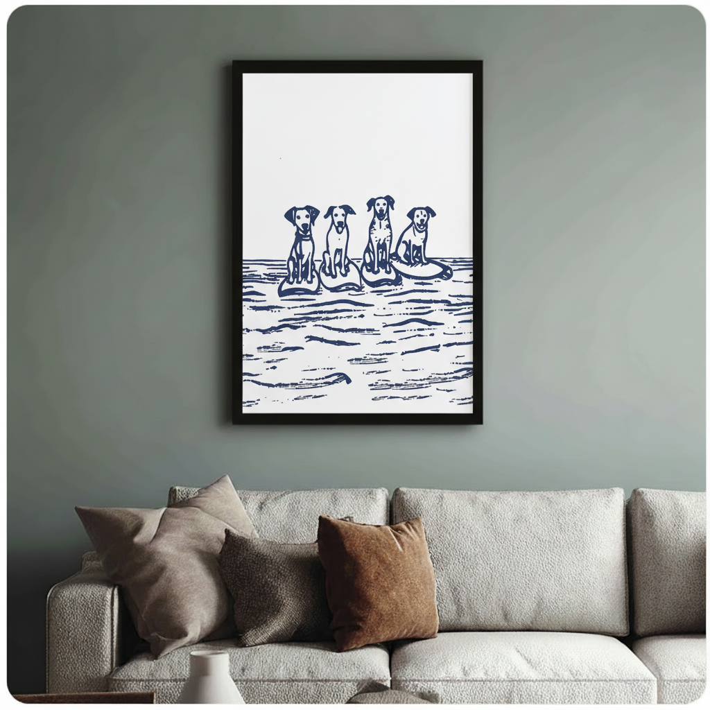 Surfing Dogs Nautical Canvas Wall Art Print