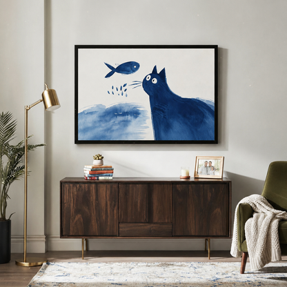 Blue Cat & Fish Watercolor Canvas Wall Art