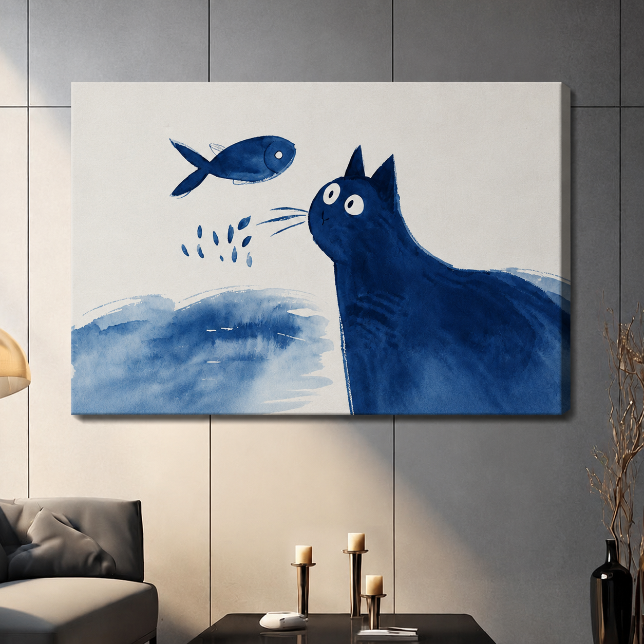 Blue Cat & Fish Watercolor Canvas Wall Art