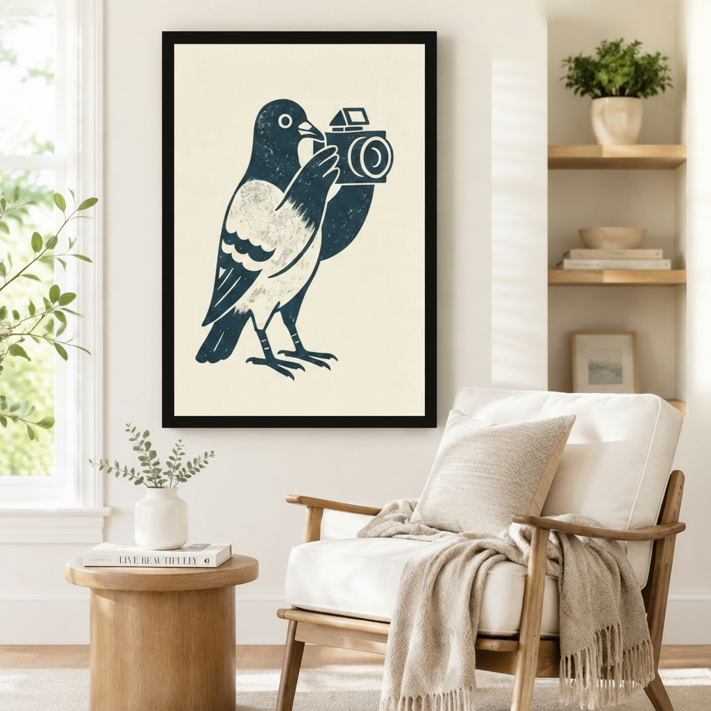 Pigeon Photographer Retro Linocut Canvas Art Wall Art