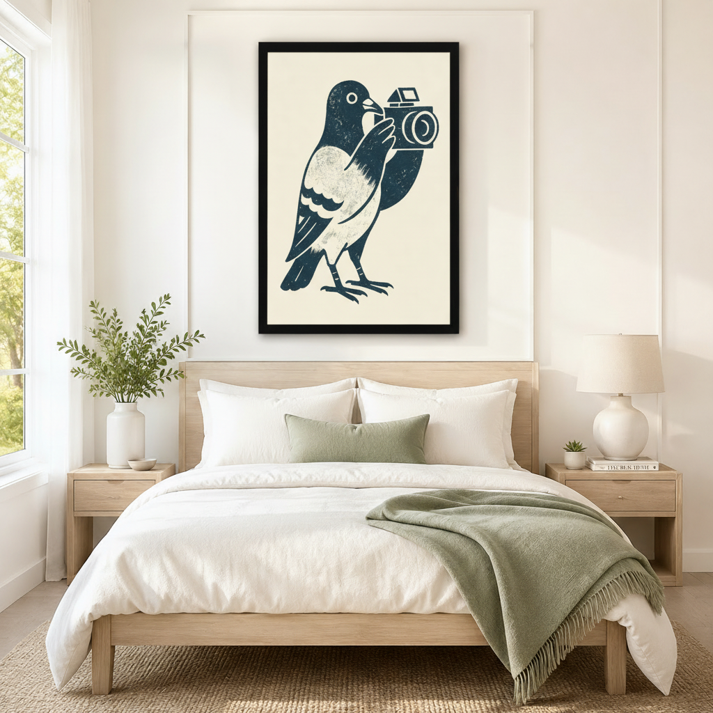 Pigeon Photographer Retro Linocut Canvas Art Wall Art