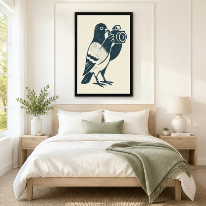 Pigeon Photographer Retro Linocut Canvas Art Wall Art