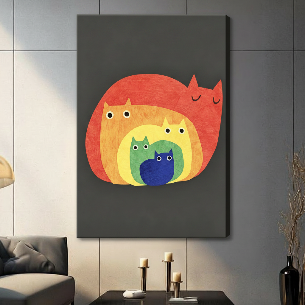 Rainbow Nested Cats Whimsical Canvas Wall Art