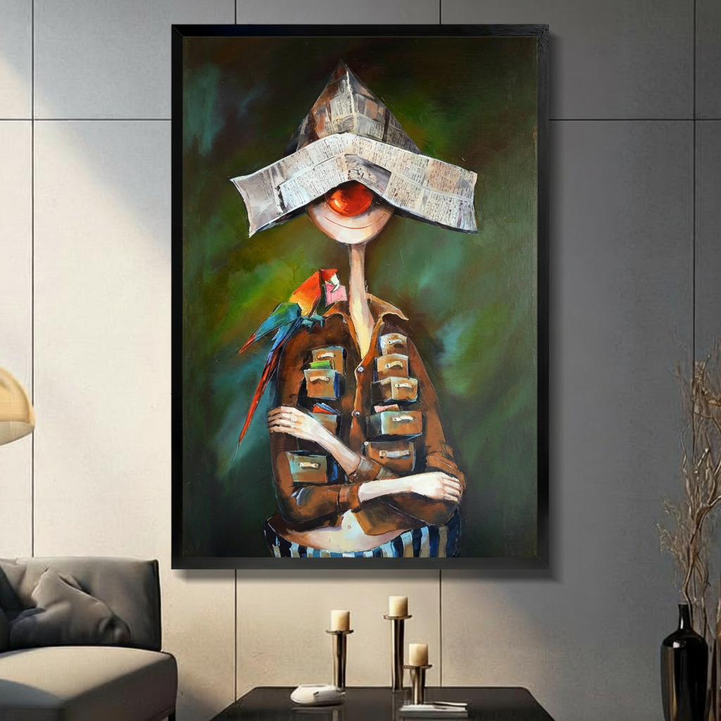 Surreal Newspaper Hat Figure Canvas Wall Art