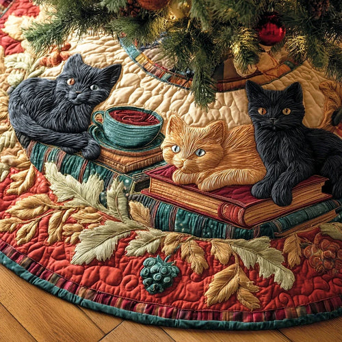 Night Library Cat Christmas Quilted Tree Skirt