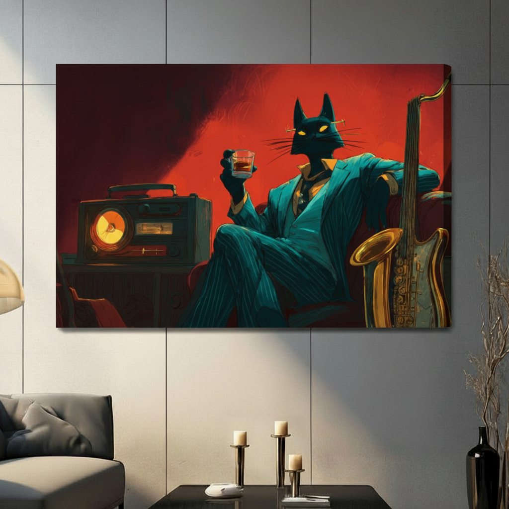 Noir Jazz Cat Framed Canvas Wall Art