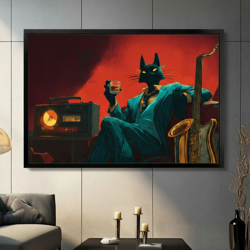 Noir Jazz Cat Framed Canvas Wall Art