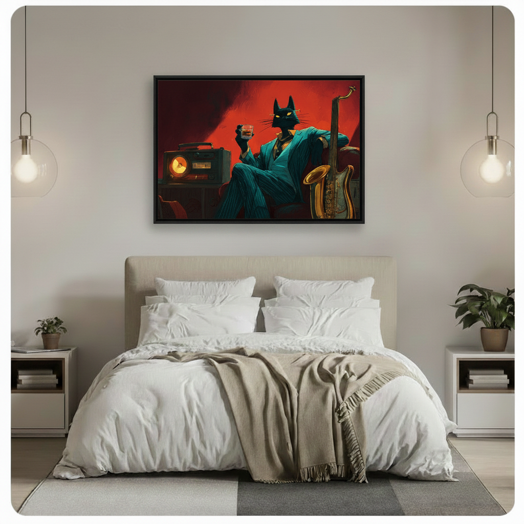Noir Jazz Cat Framed Canvas Wall Art