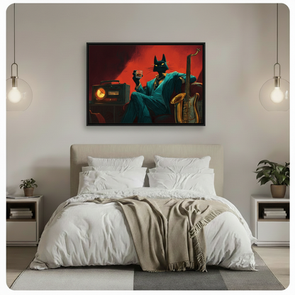 Noir Jazz Cat Framed Canvas Wall Art