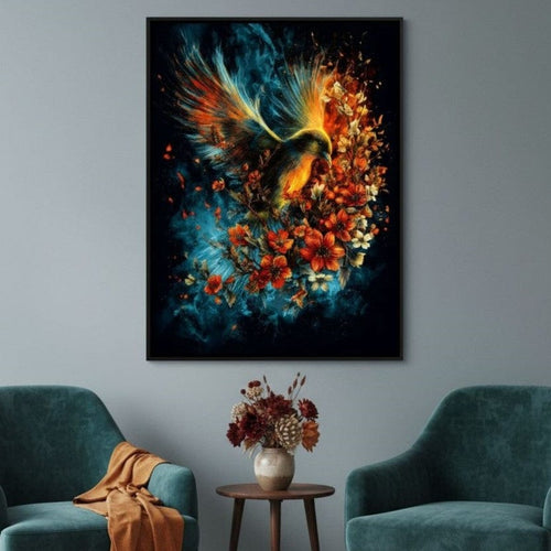 Flaming Phoenix Floral Burst Canvas Wall Art