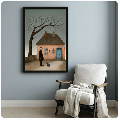 Old Man Blue Cat Cottage Surreal Canvas Art Wall Art