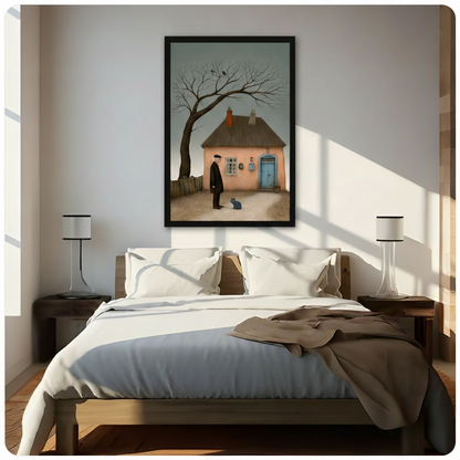 Old Man Blue Cat Cottage Surreal Canvas Art Wall Art