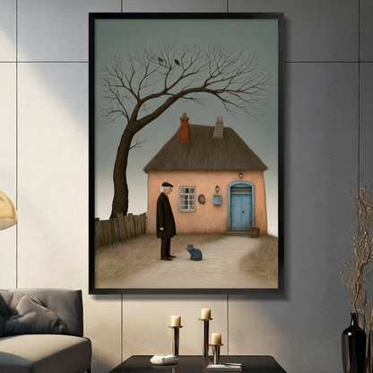 Old Man Blue Cat Cottage Surreal Canvas Art Wall Art