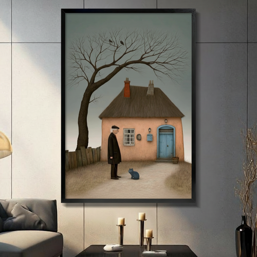 Old Man Blue Cat Cottage Surreal Canvas Art Wall Art