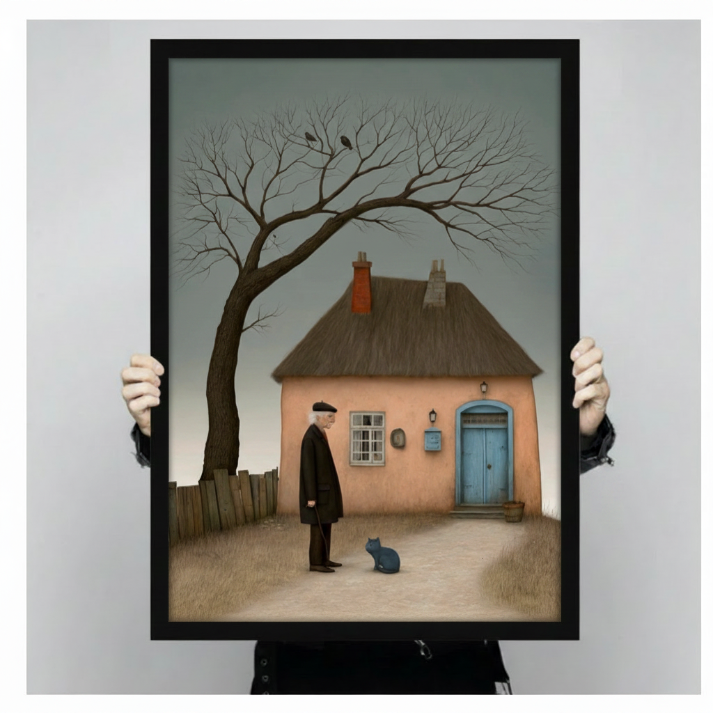 Old Man Blue Cat Cottage Surreal Canvas Art Wall Art