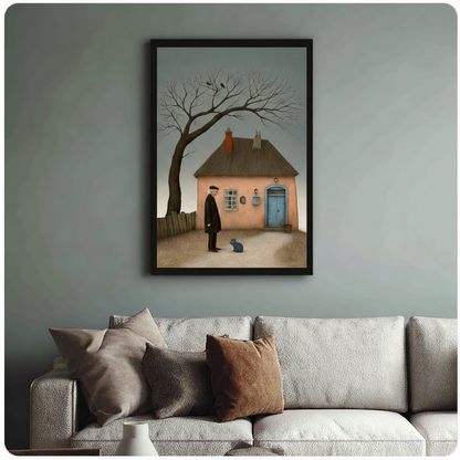 Old Man Blue Cat Cottage Surreal Canvas Art Wall Art