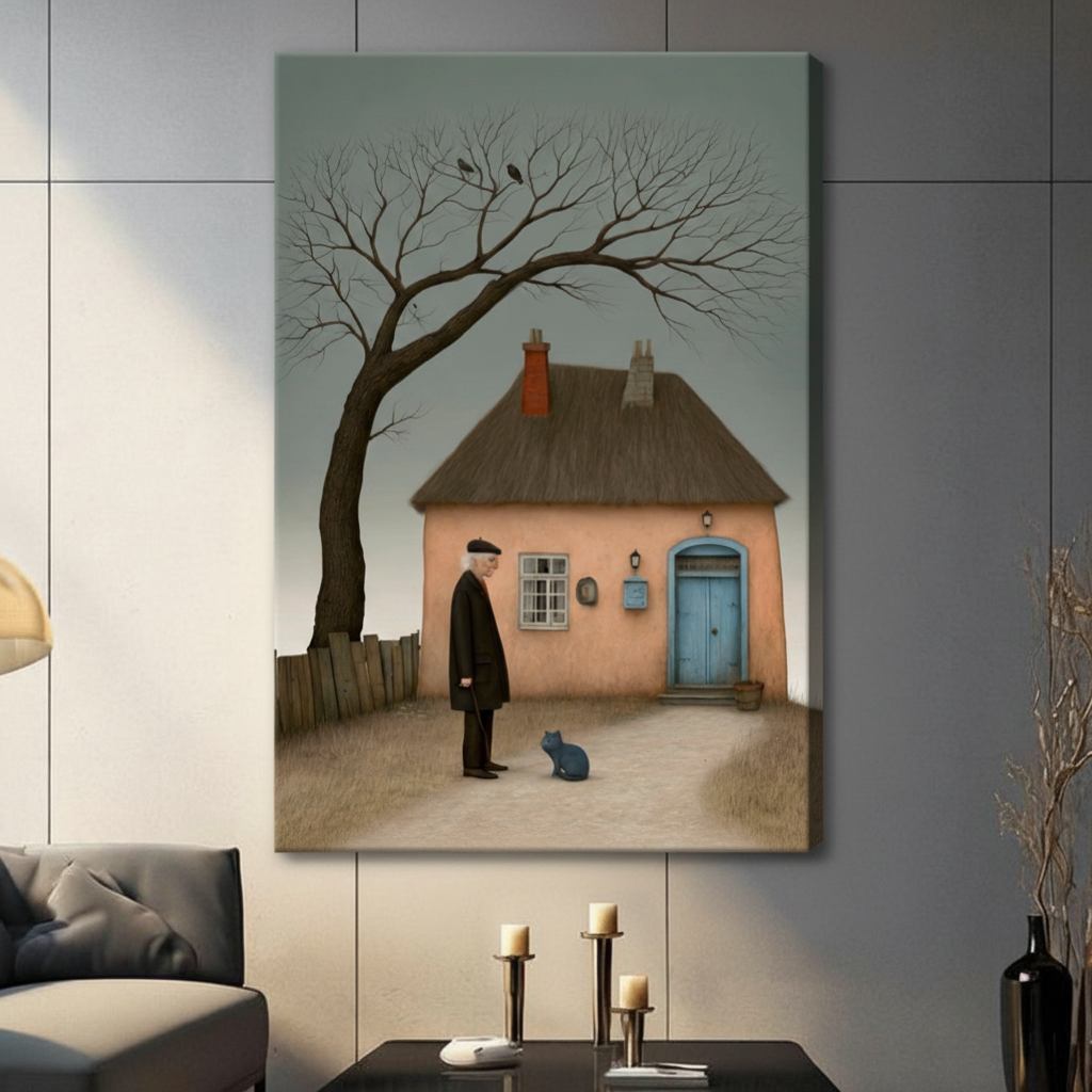 Old Man Blue Cat Cottage Surreal Canvas Art Wall Art