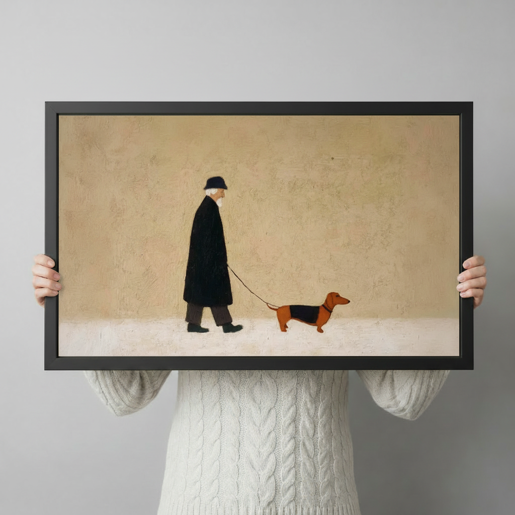 Old Man Walking Dachshund Minimalist Canvas Art
