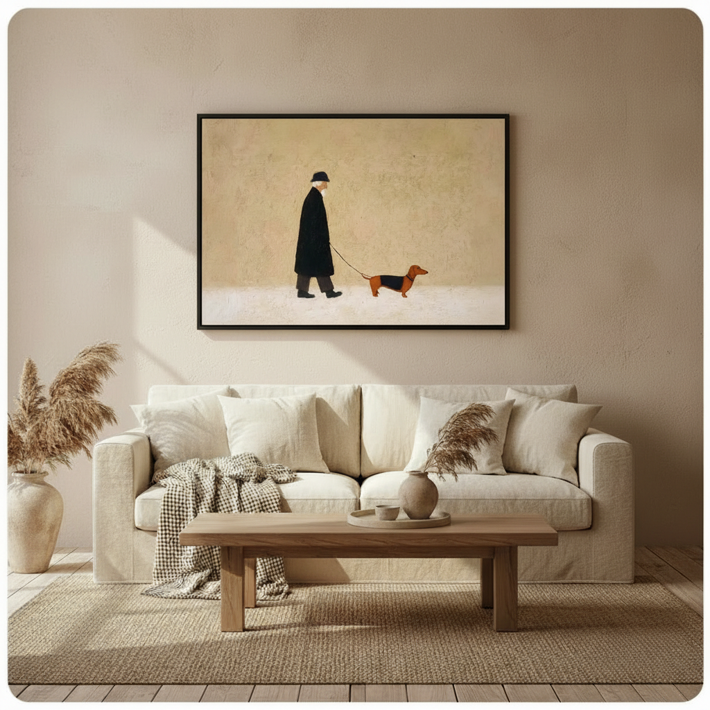 Old Man Walking Dachshund Minimalist Canvas Art