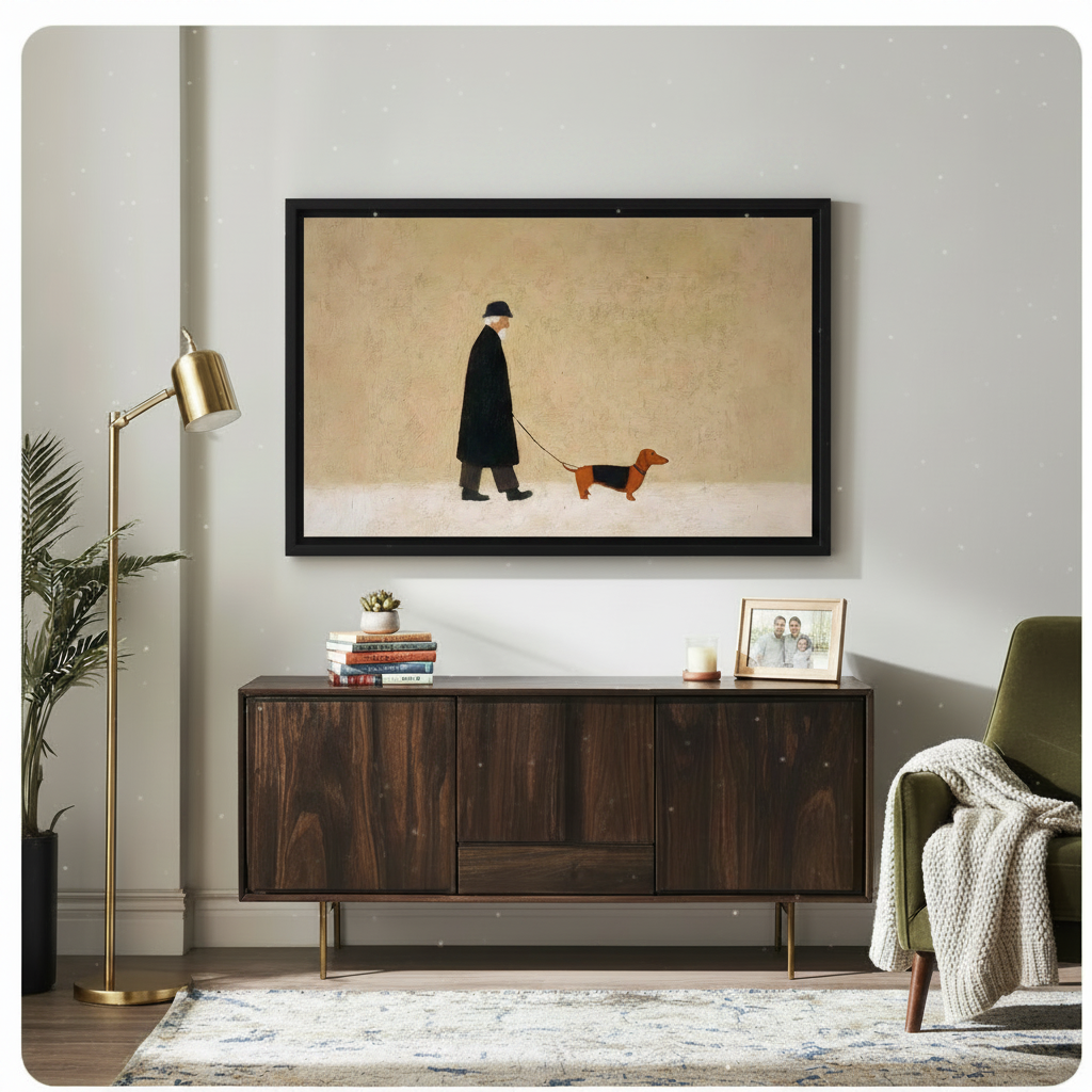 Old Man Walking Dachshund Minimalist Canvas Art