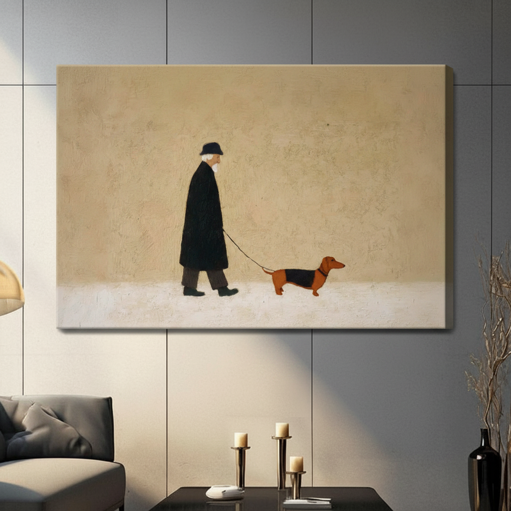 Old Man Walking Dachshund Minimalist Canvas Art