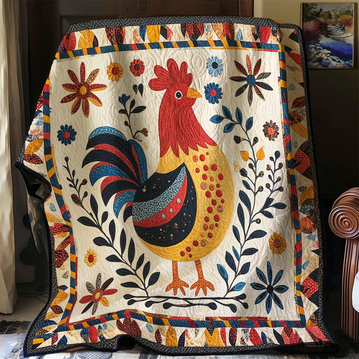 Old-Time Folk Chicken Quilt Blanket