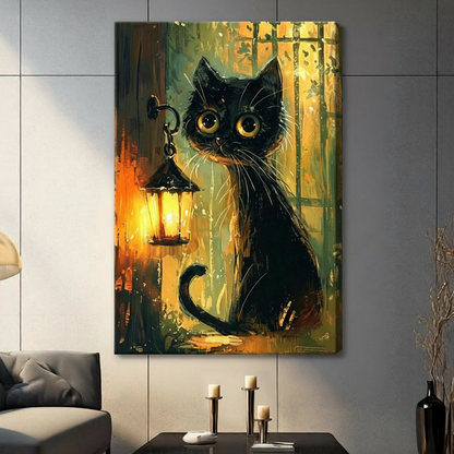 Black Cat Lantern Canvas Wall Art