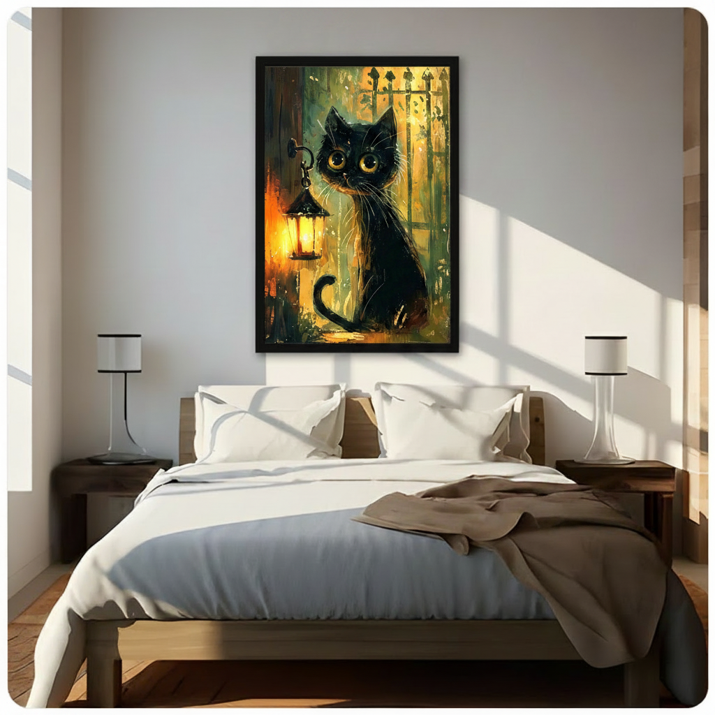 Black Cat Lantern Canvas Wall Art