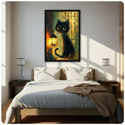 Black Cat Lantern Canvas Wall Art