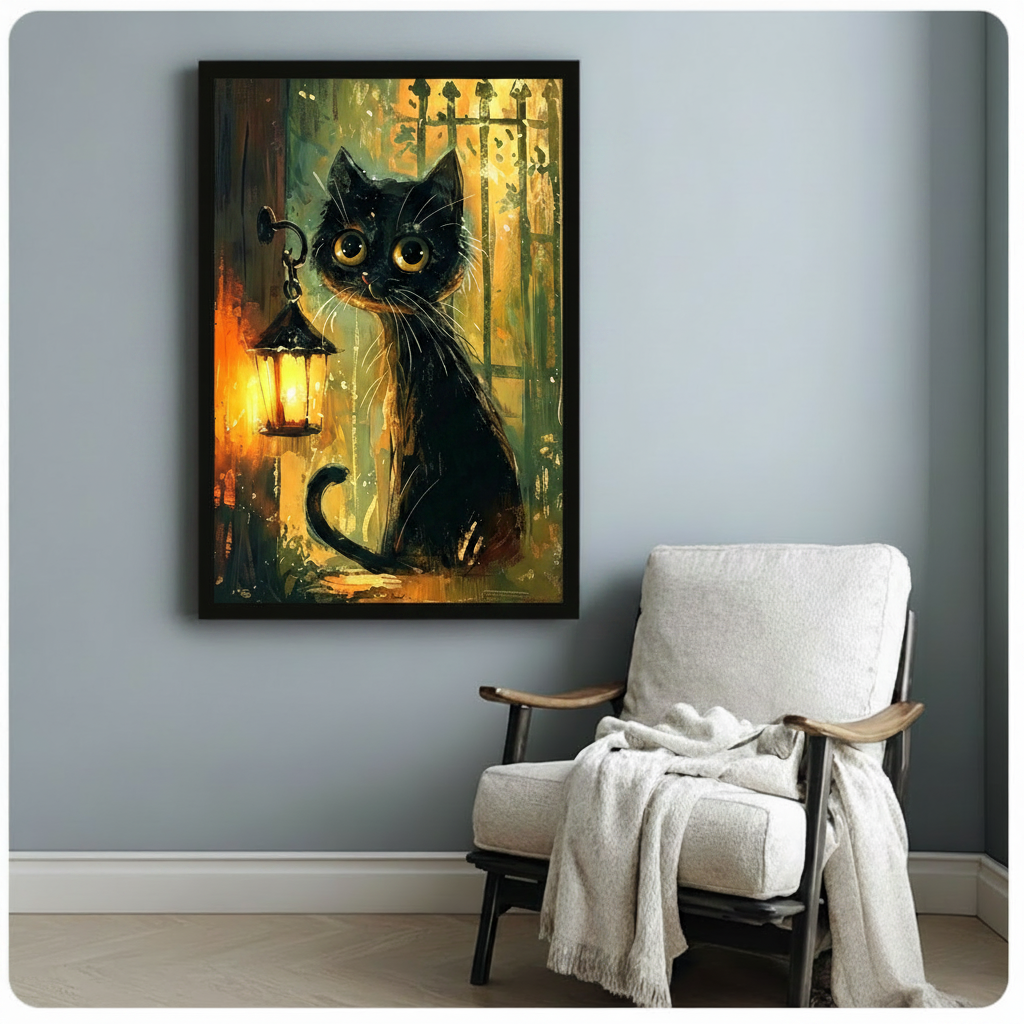 Black Cat Lantern Canvas Wall Art