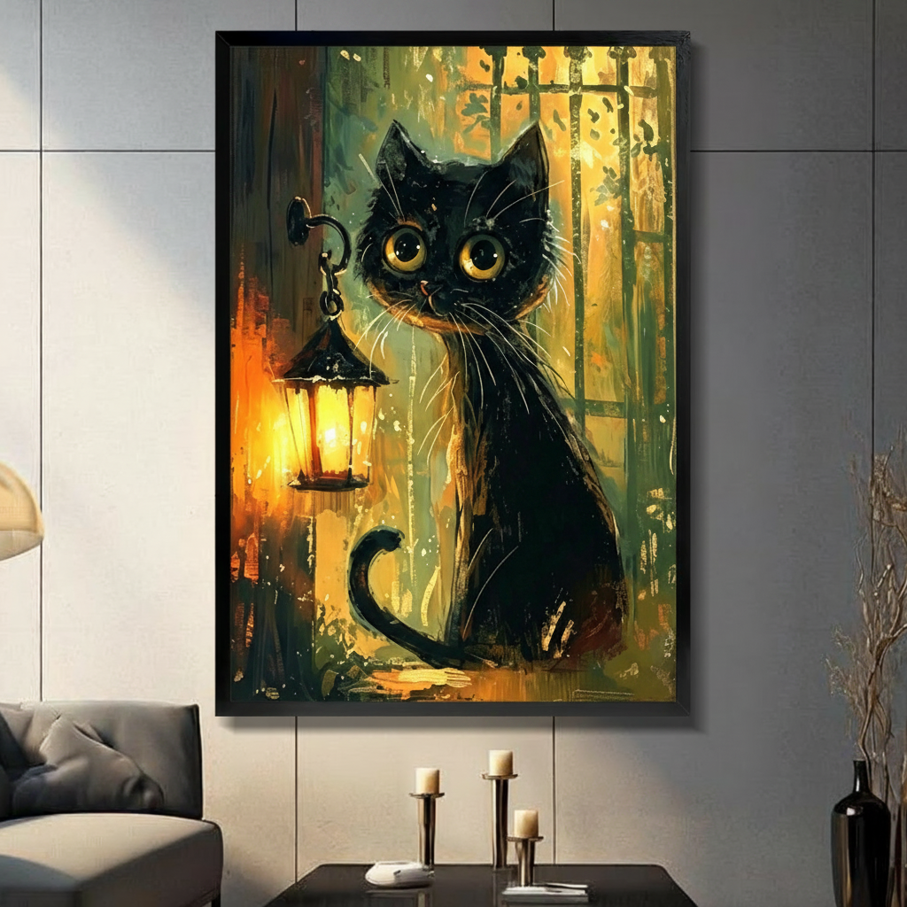 Black Cat Lantern Canvas Wall Art