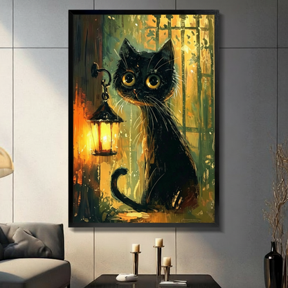 Black Cat Lantern Canvas Wall Art