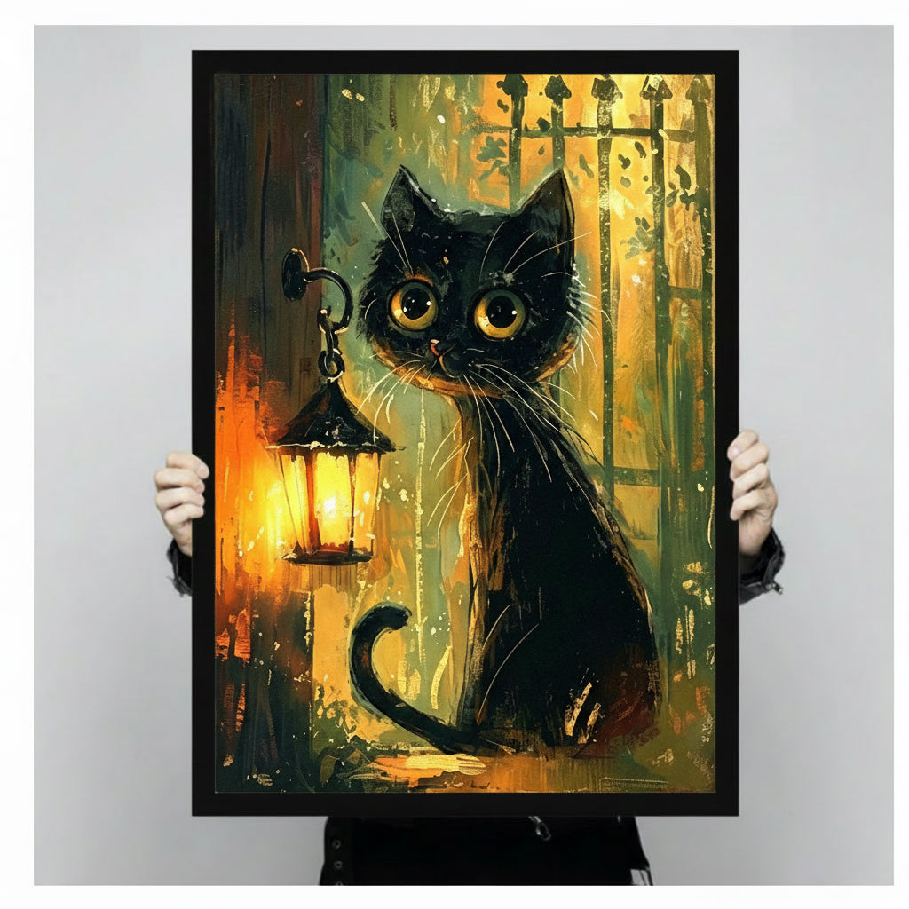 Black Cat Lantern Canvas Wall Art