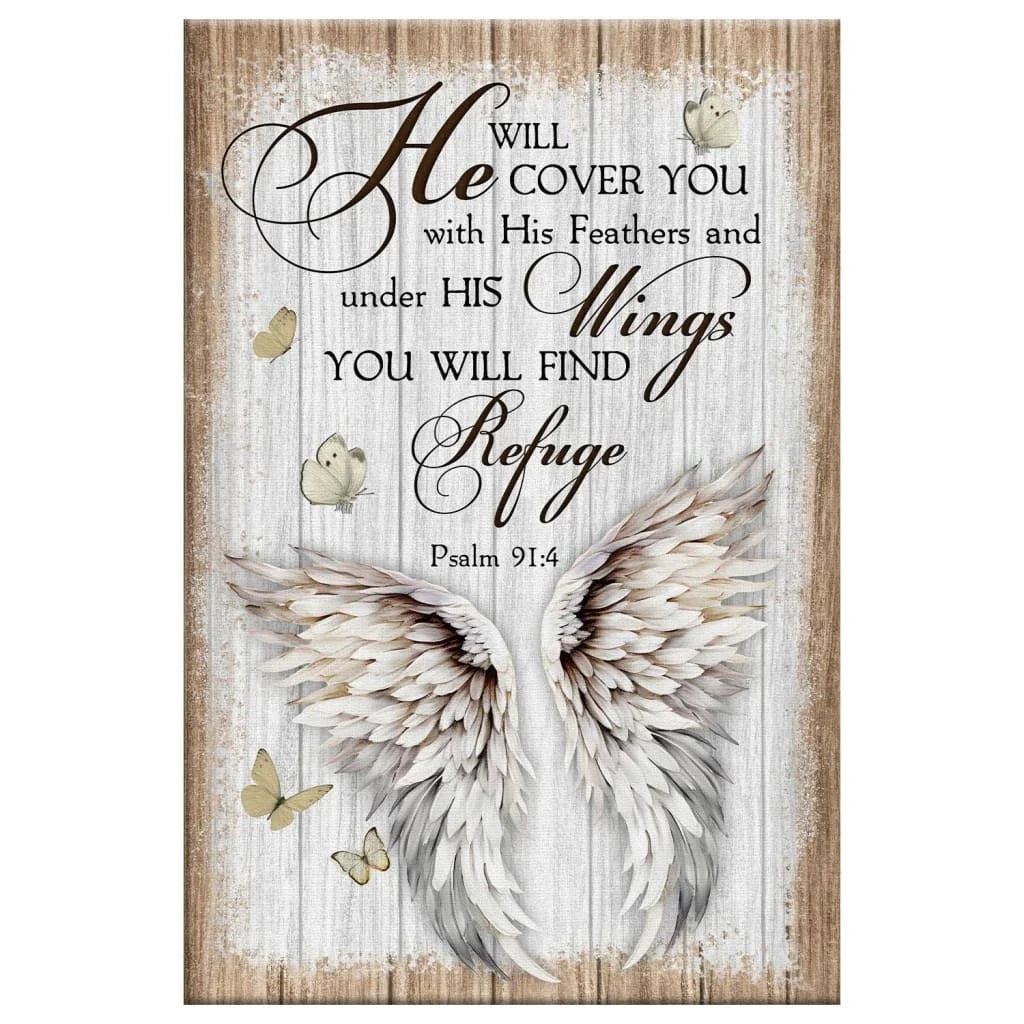 rustic psalm 91 4 he will cover you with his feathers wall art canvas print (Landscape) (view 4)