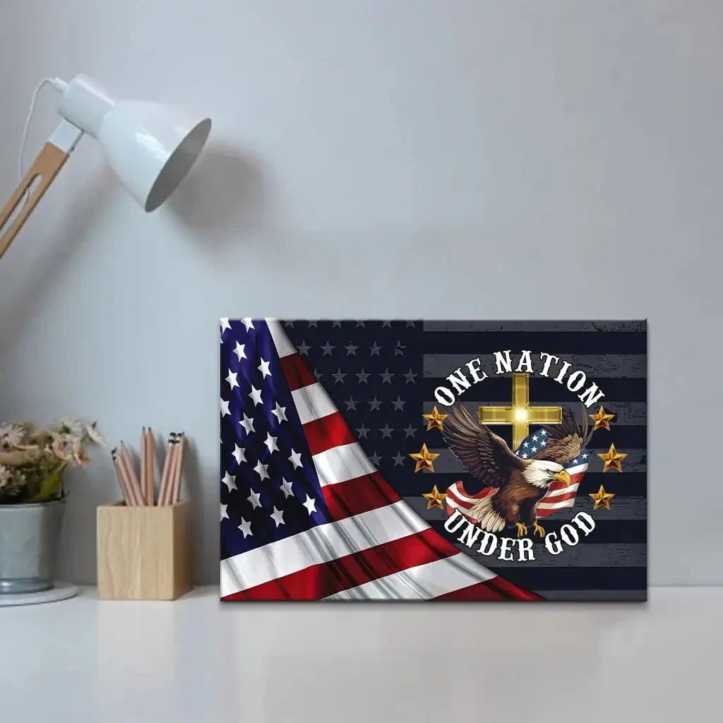 one nation under god bald eagle american flag cross wall art canvas (Landscape) (view 4)