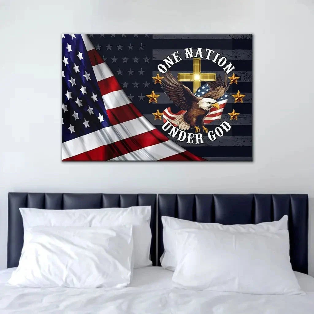 one nation under god bald eagle american flag cross wall art canvas (Landscape) (view 5)