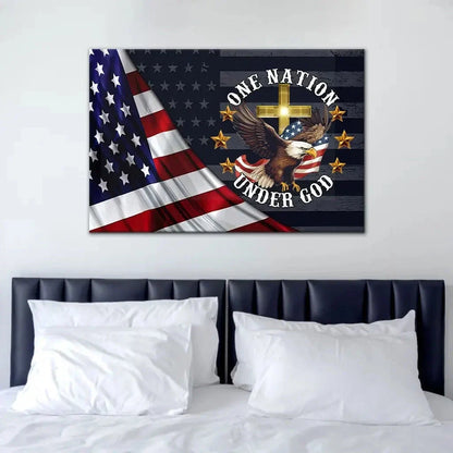 one nation under god bald eagle american flag cross wall art canvas (Landscape) (view 5)