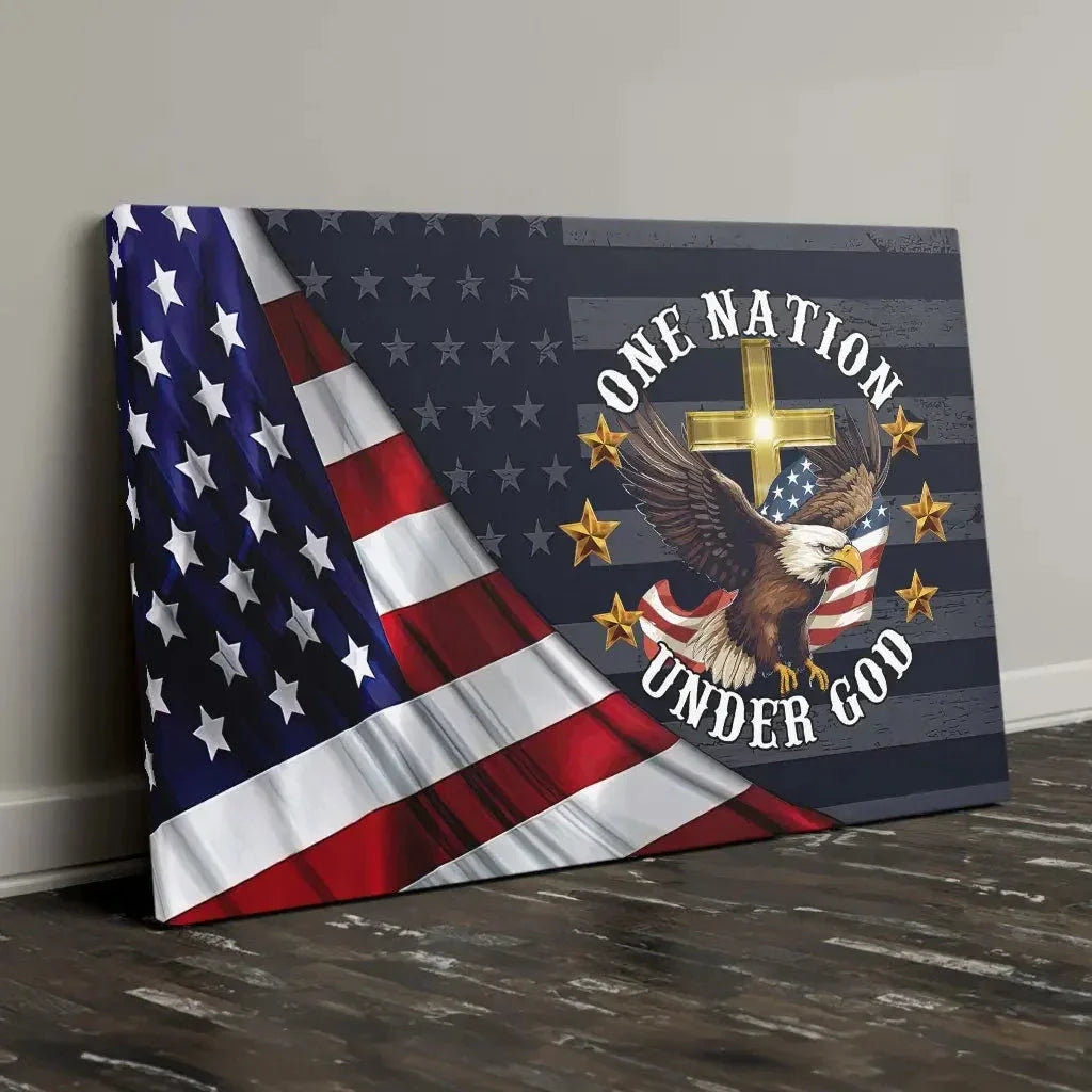 one nation under god bald eagle american flag cross wall art canvas (Landscape) (view 7)