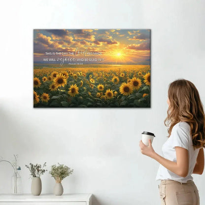 psalm 118 24 this is the day the lord has made sunflower wall art canvas (Landscape) (view 3)