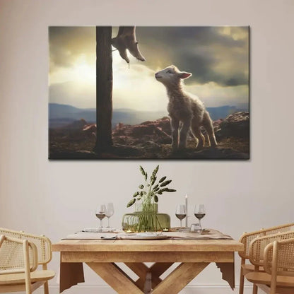 lamb looking up at feet of jesus wall art canvas (Landscape) (view 4)