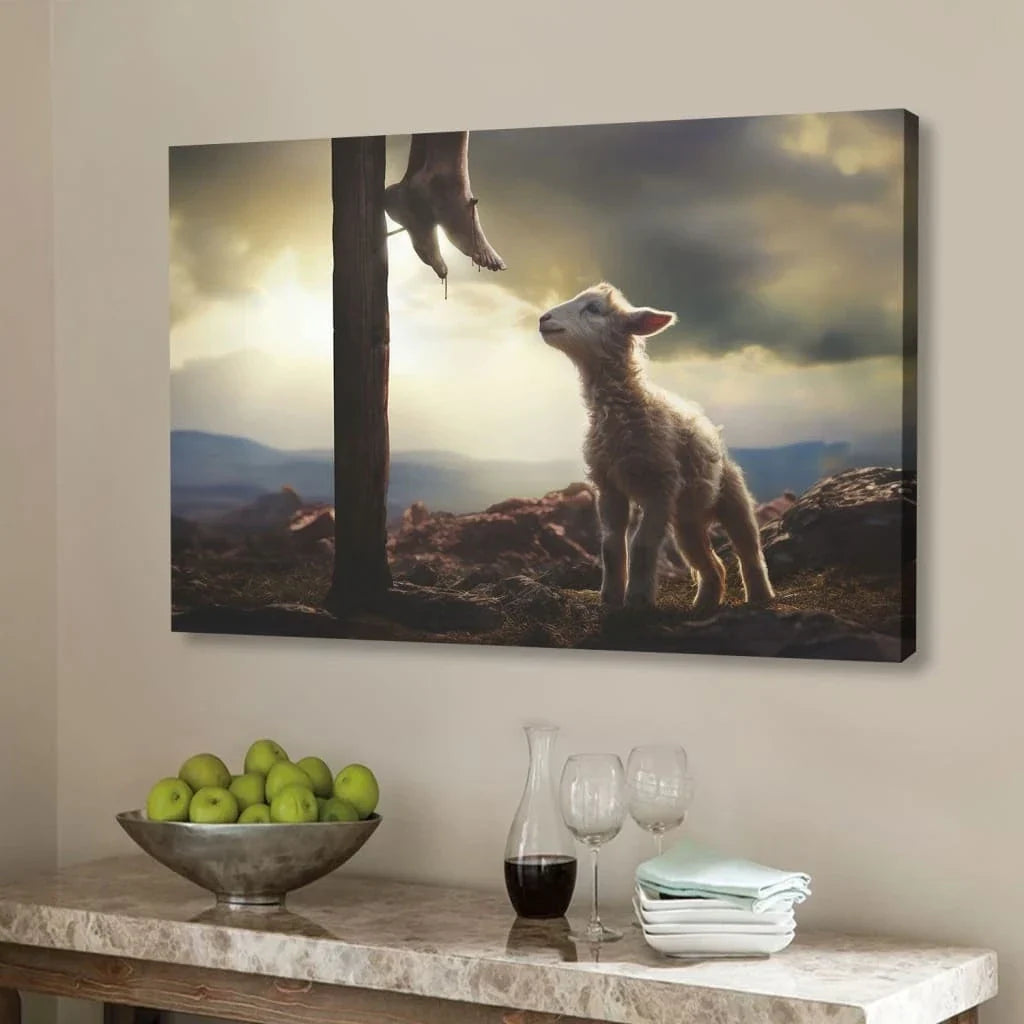 lamb looking up at feet of jesus wall art canvas (Landscape) (view 5)