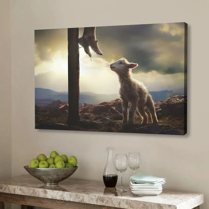 lamb looking up at feet of jesus wall art canvas (Landscape) (view 5)