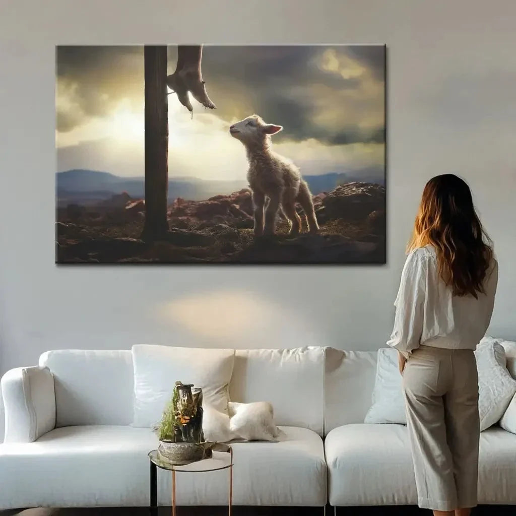 lamb looking up at feet of jesus wall art canvas (Landscape) (view 6)