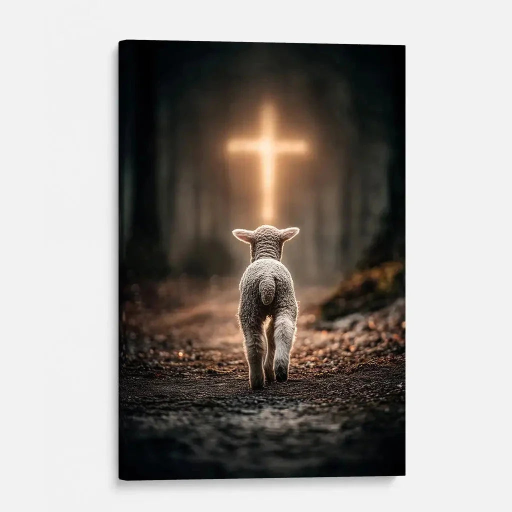 lamb walking toward the glowing cross christian wall art canvas (view 6)