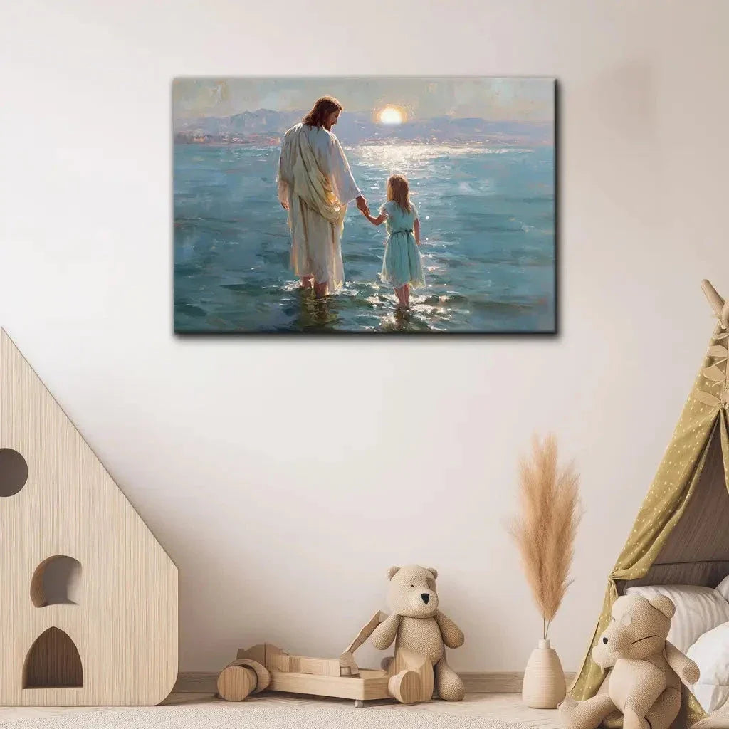 jesus and little girl on the water christian wall art canvas (Landscape) (view 6)
