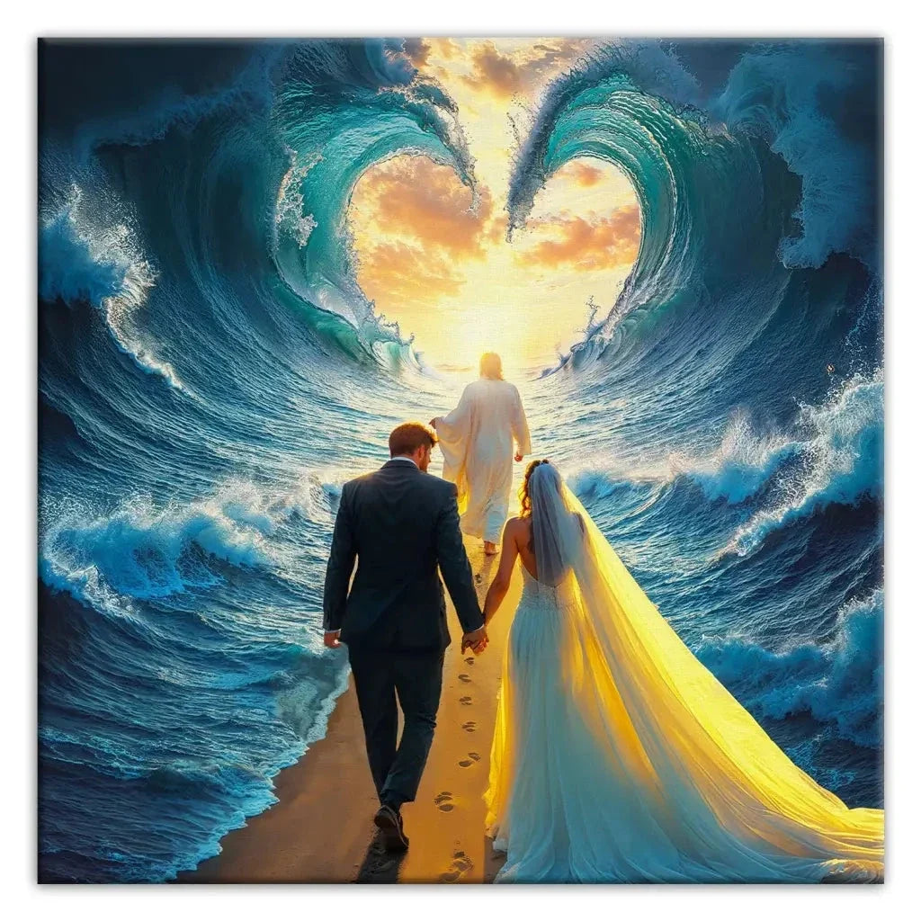 jesus leading a married couple through parted sea wall art canvas (view 9)