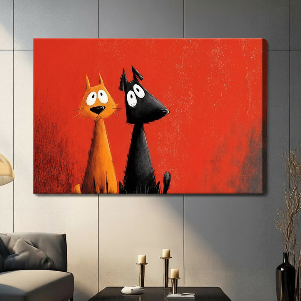 Funny Cat and Dog Red Canvas Wall Art
